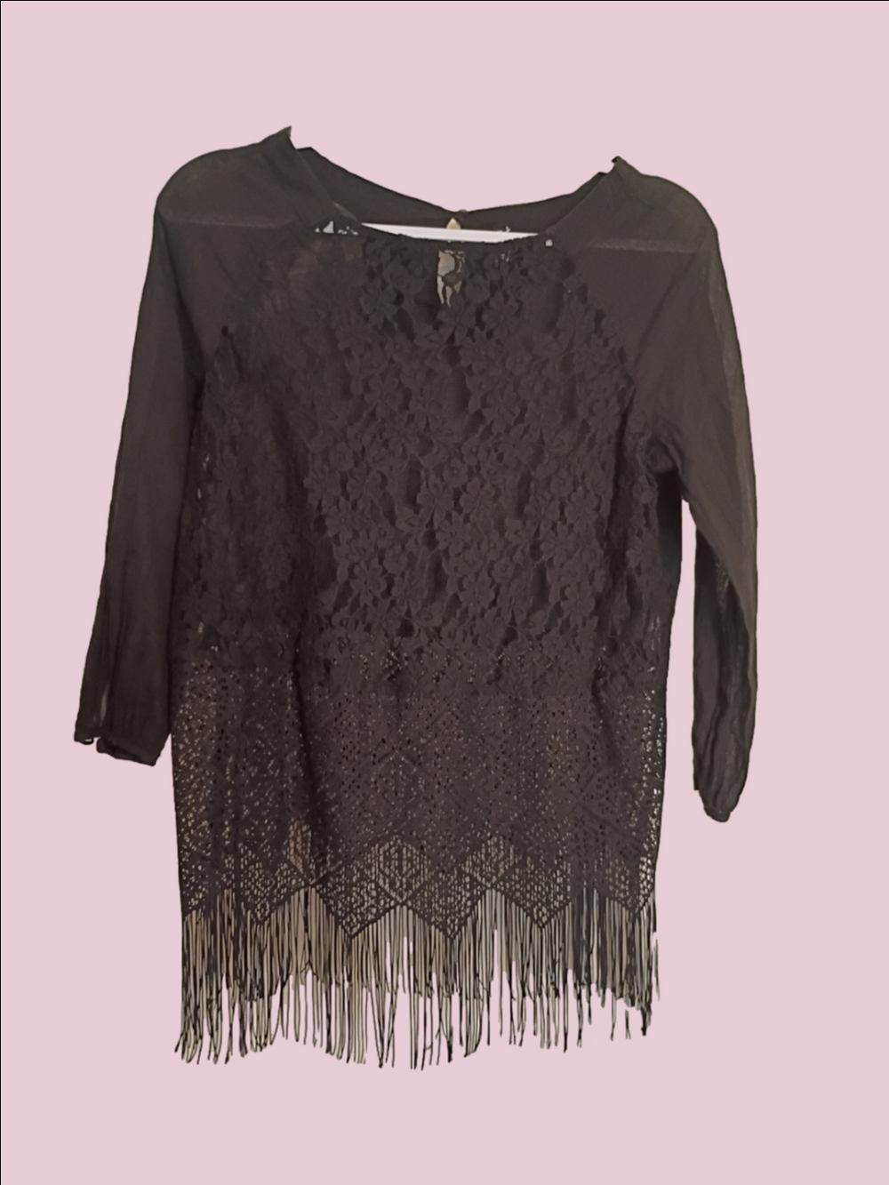 Black Lace Fringe Top Cotton Gauze Back
